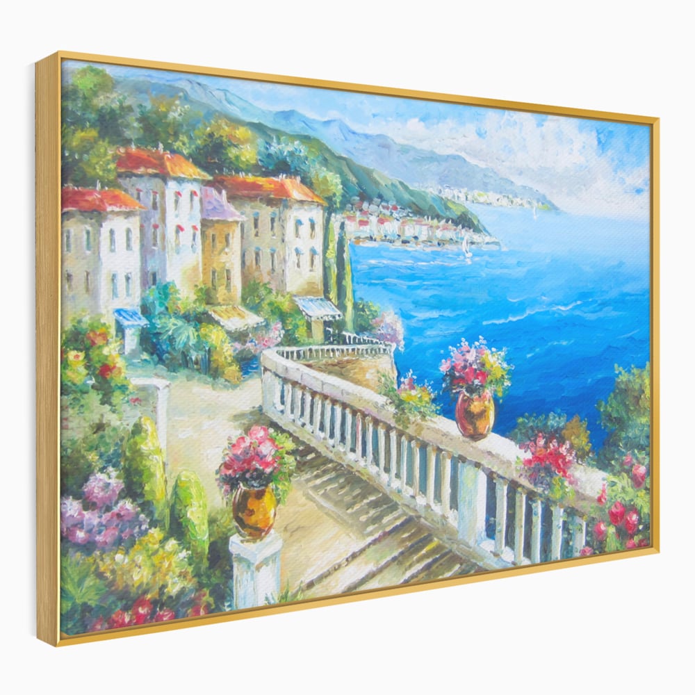 Tablou canvas cu pictura case pe malul marii, in rama de aluminiu auriu